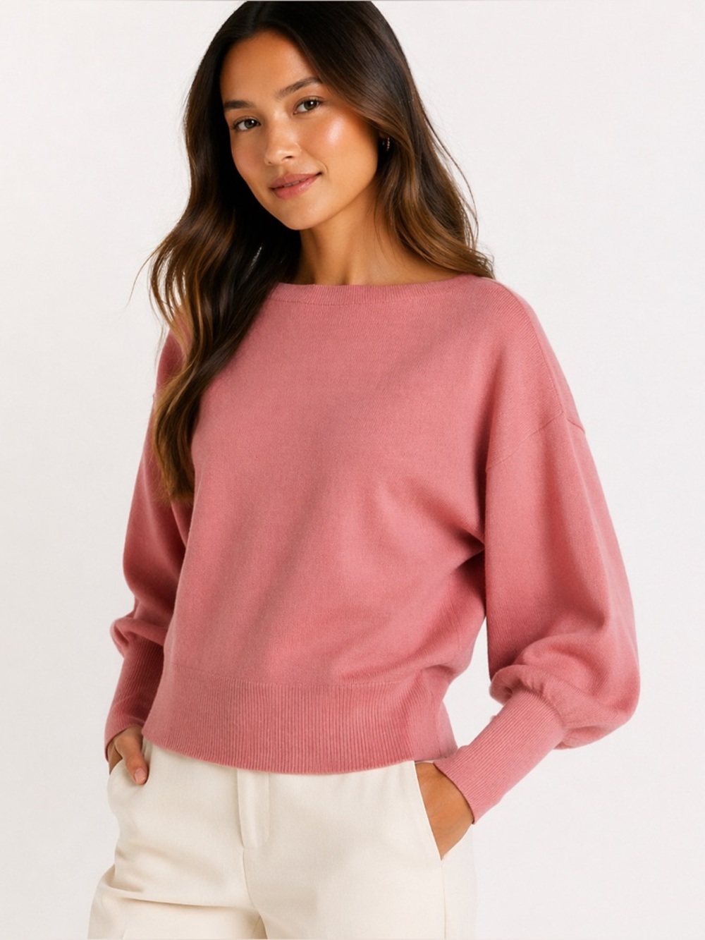Ted Baker Pink Balloon Sleeve Sweater Soft Knit Boatneck Minimalist Sz  
3/ US 8